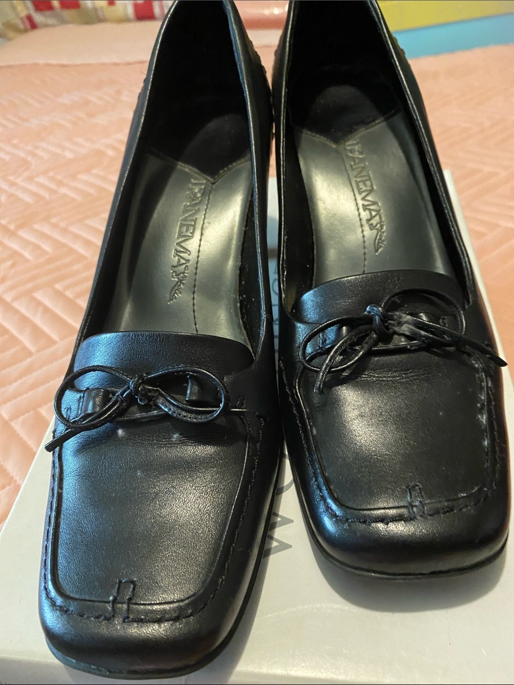 Ipanema Black Leather Square-Toe Loafers with Bow Trim